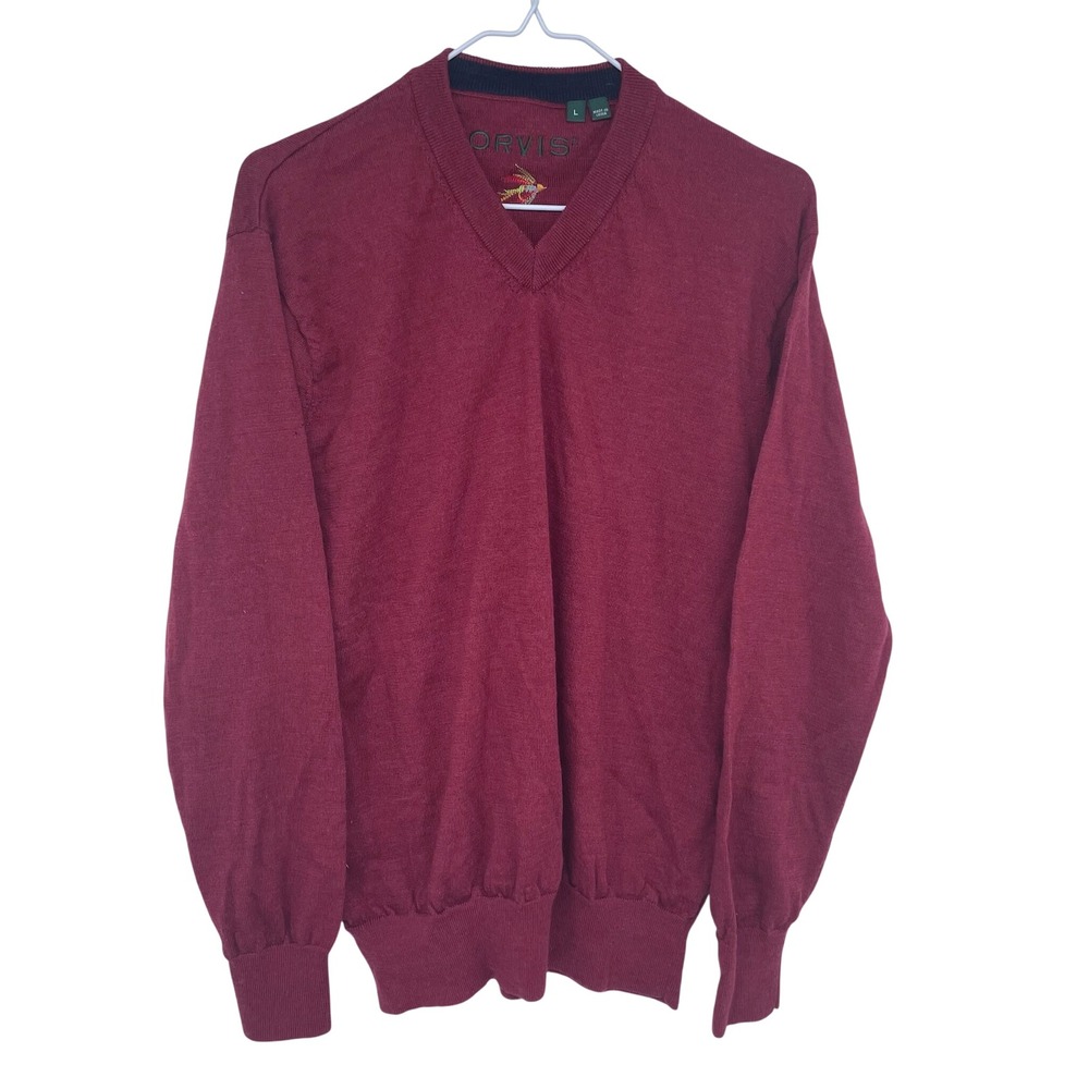 Maroon Red Orvis V Neck Knit Sweater‎ Large Merino Wool Outdoors Pullover